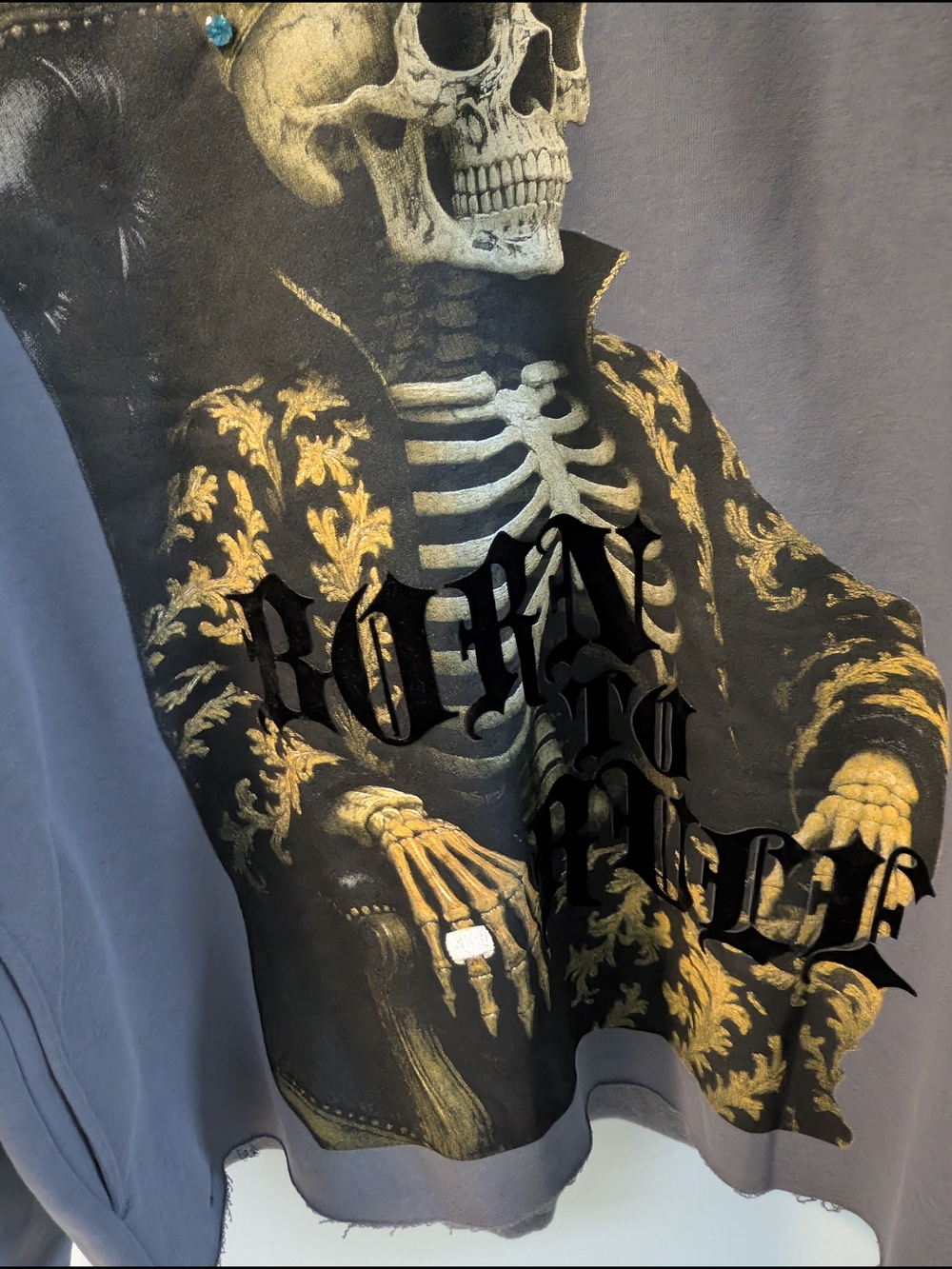 Gray Graphic Hoodie with Gold Crown Skeleton Print